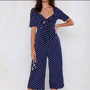NEW Nasty Gal Navy Blue Spot Tie Front Jumpsuit Size US 8 Polka Dot Cut Out